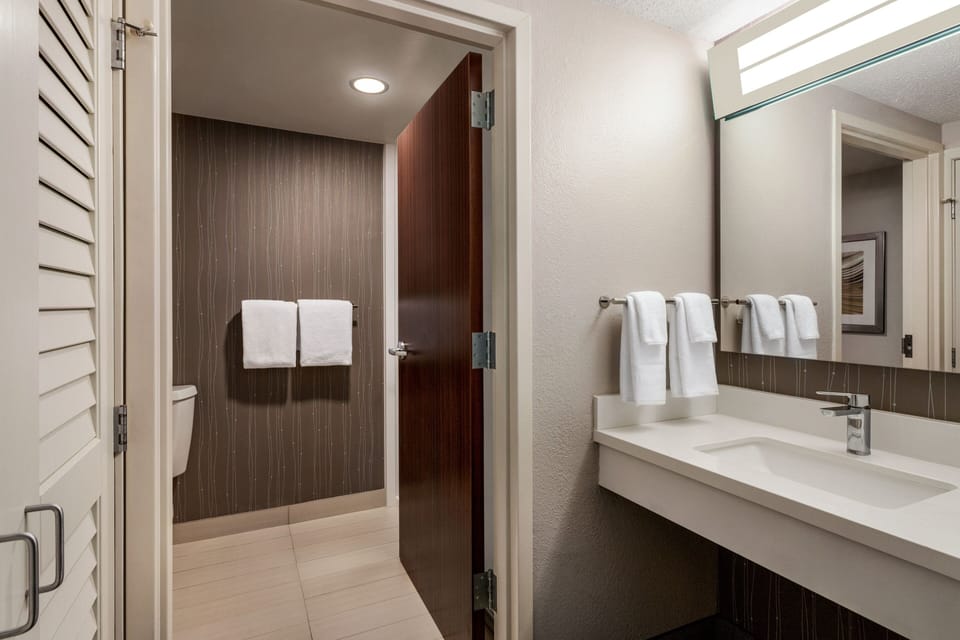 Combined shower/tub, free toiletries, hair dryer, towels