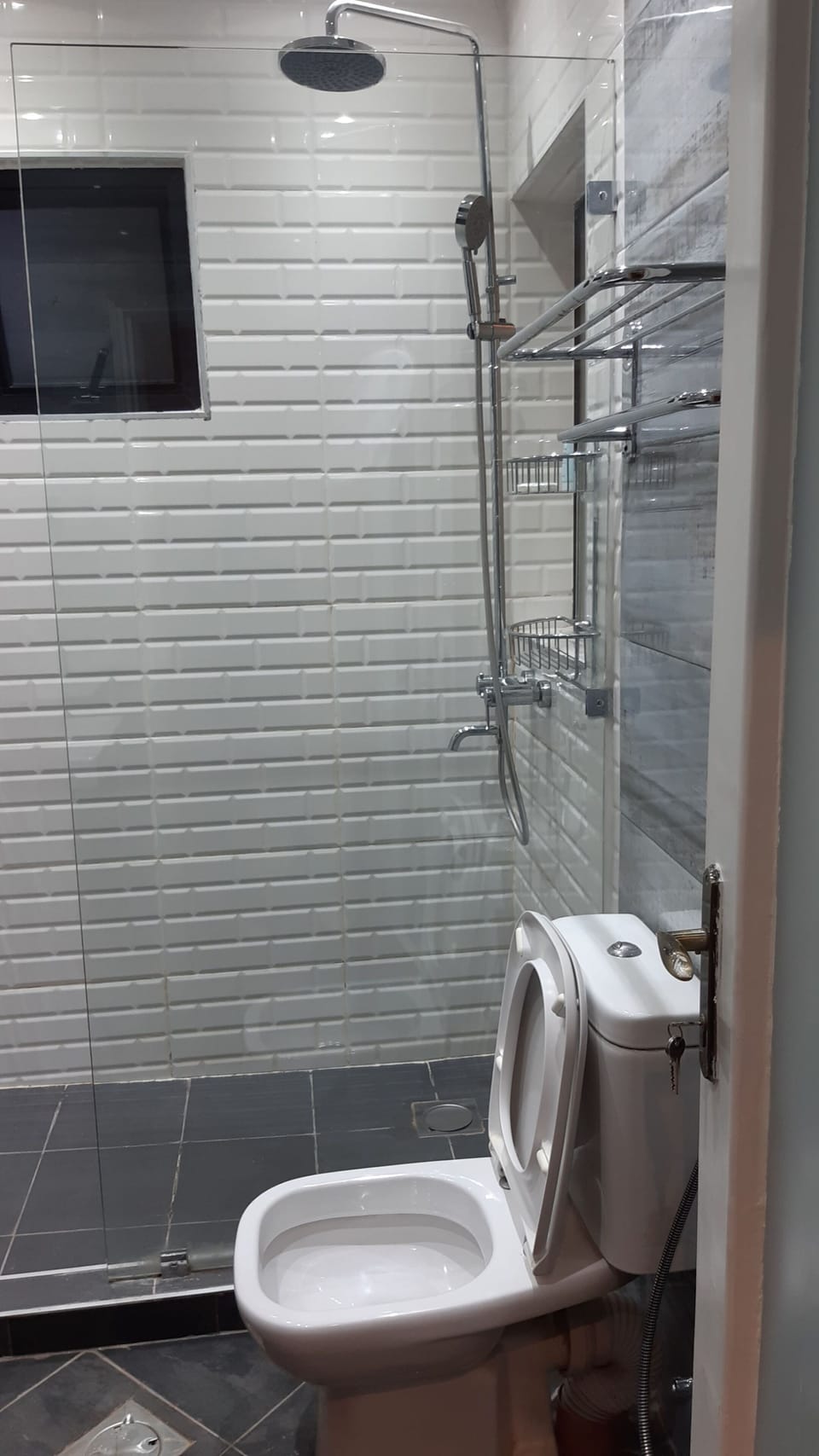 Shower, free toiletries, towels, soap