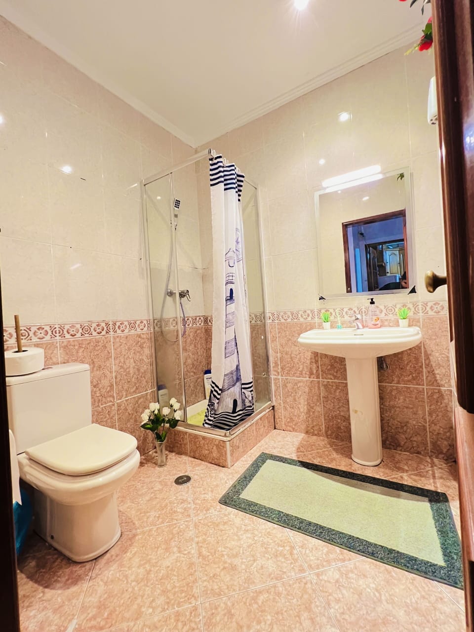 Separate tub and shower, hair dryer, towels, soap