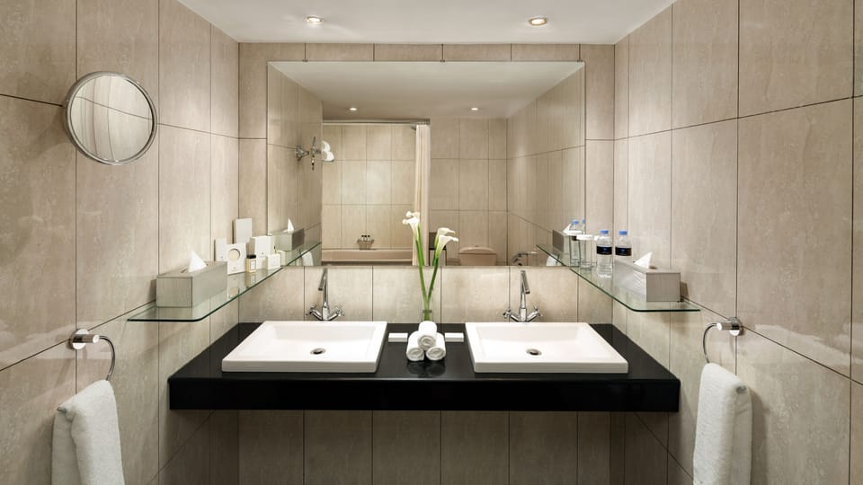 Combined shower/tub, free toiletries, hair dryer (on request), bathrobes