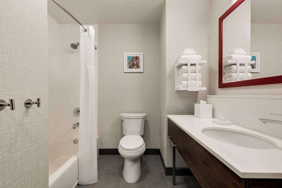 Combined shower/tub, free toiletries, hair dryer, towels