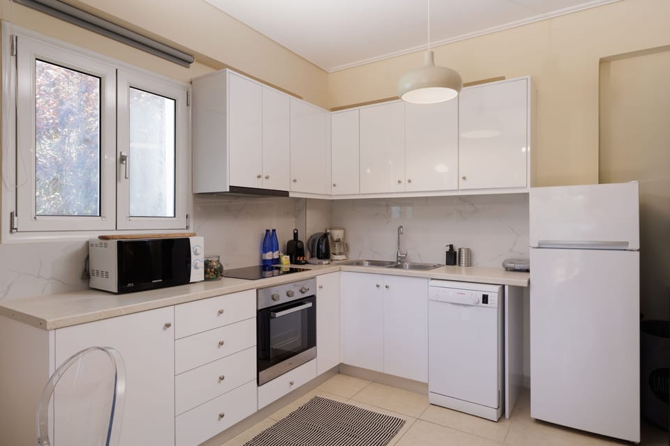 Full-size fridge, microwave, coffee/tea maker, electric kettle