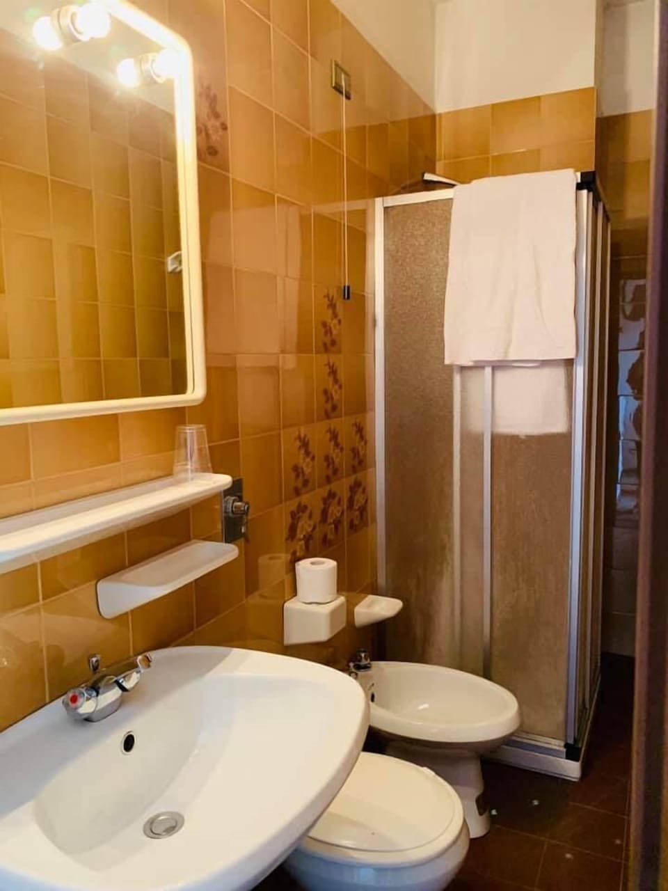 Shower, rainfall showerhead, free toiletries, hair dryer