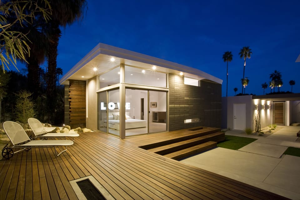 Ipe wood deck with flush fire feature. Detached, private  1 bed/bath Casita
