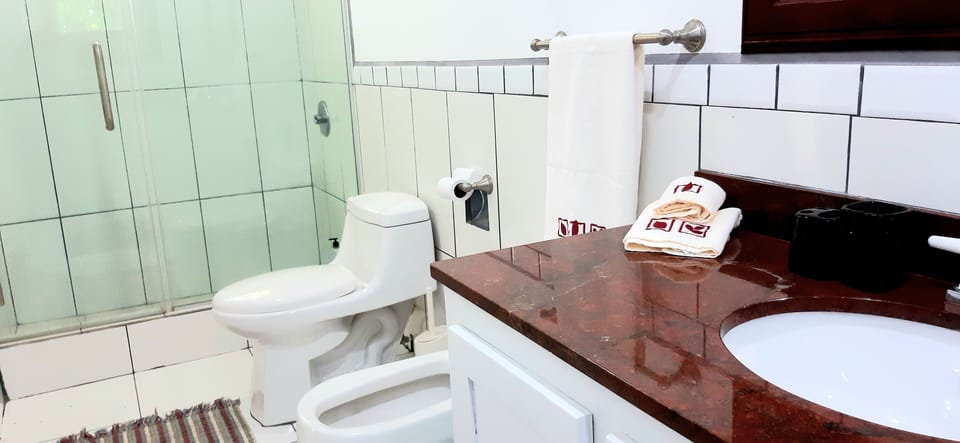 En-suite for bedroom 1, glass shower enclosure, bidet, extra towels