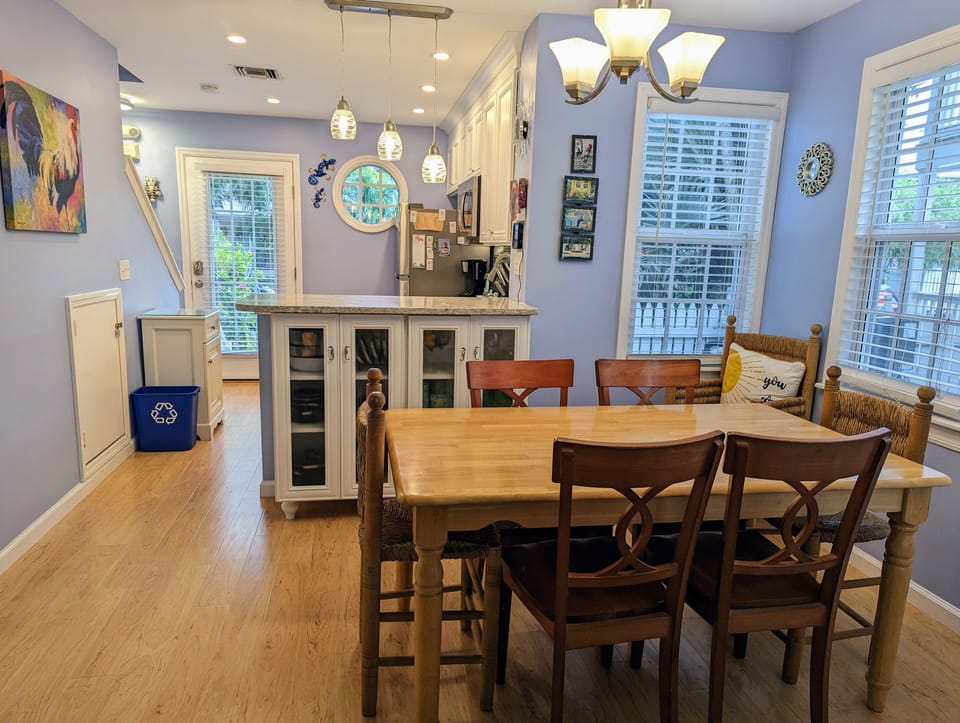 Dining area seats six comfortably. 
