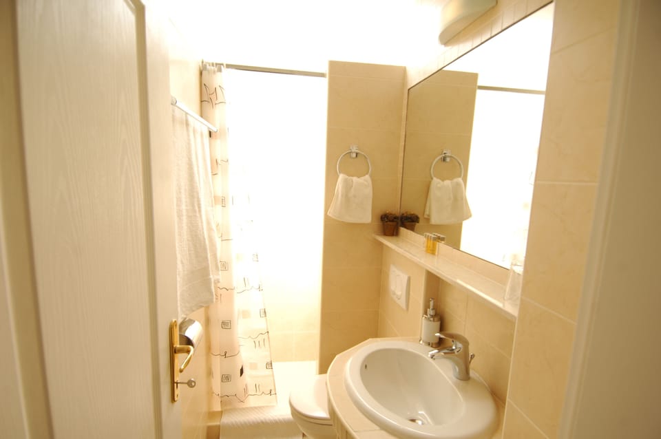 Shower, free toiletries, hair dryer, towels