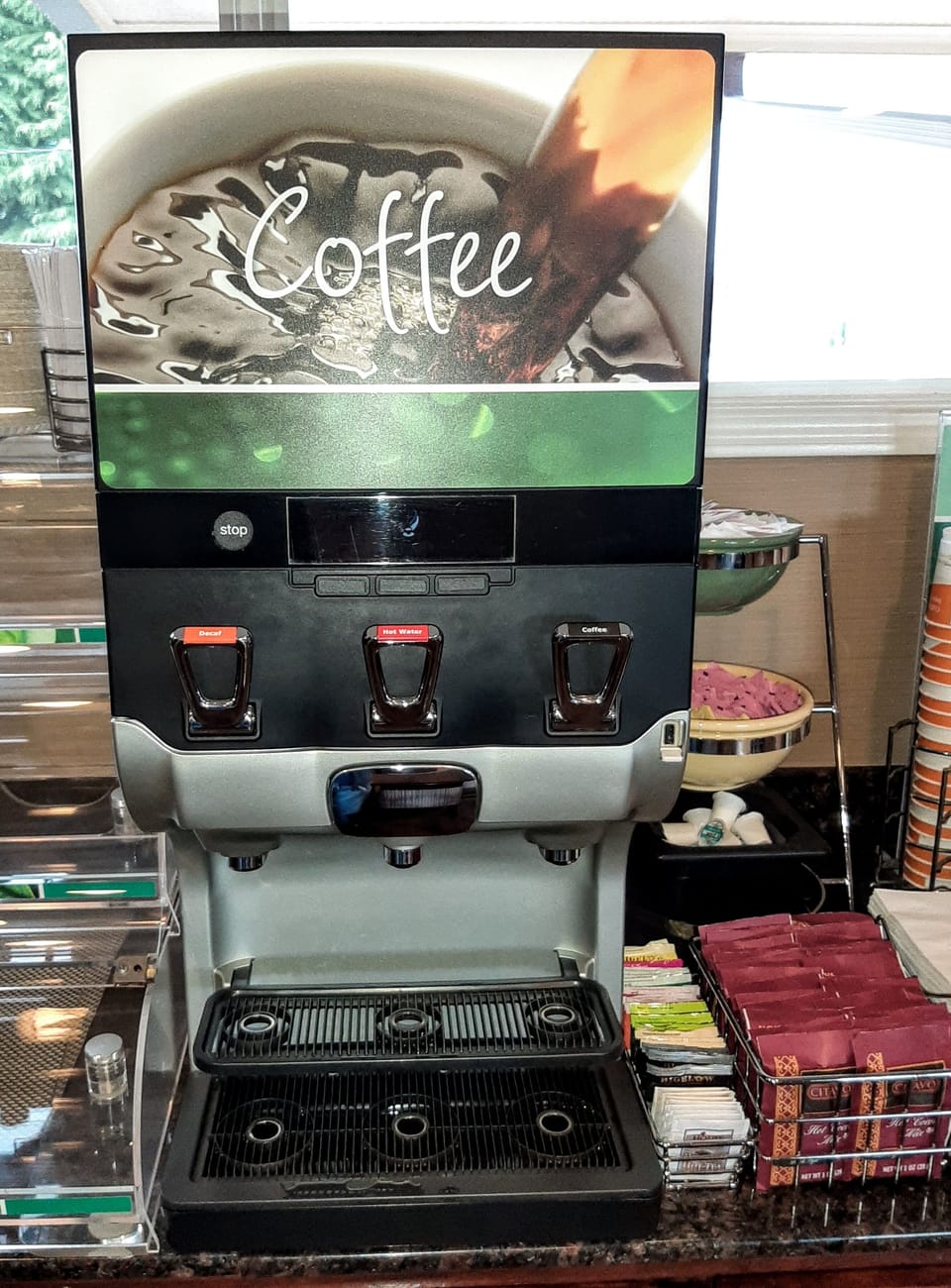 24 hour fresh brewed coffee, tea, and hot water.