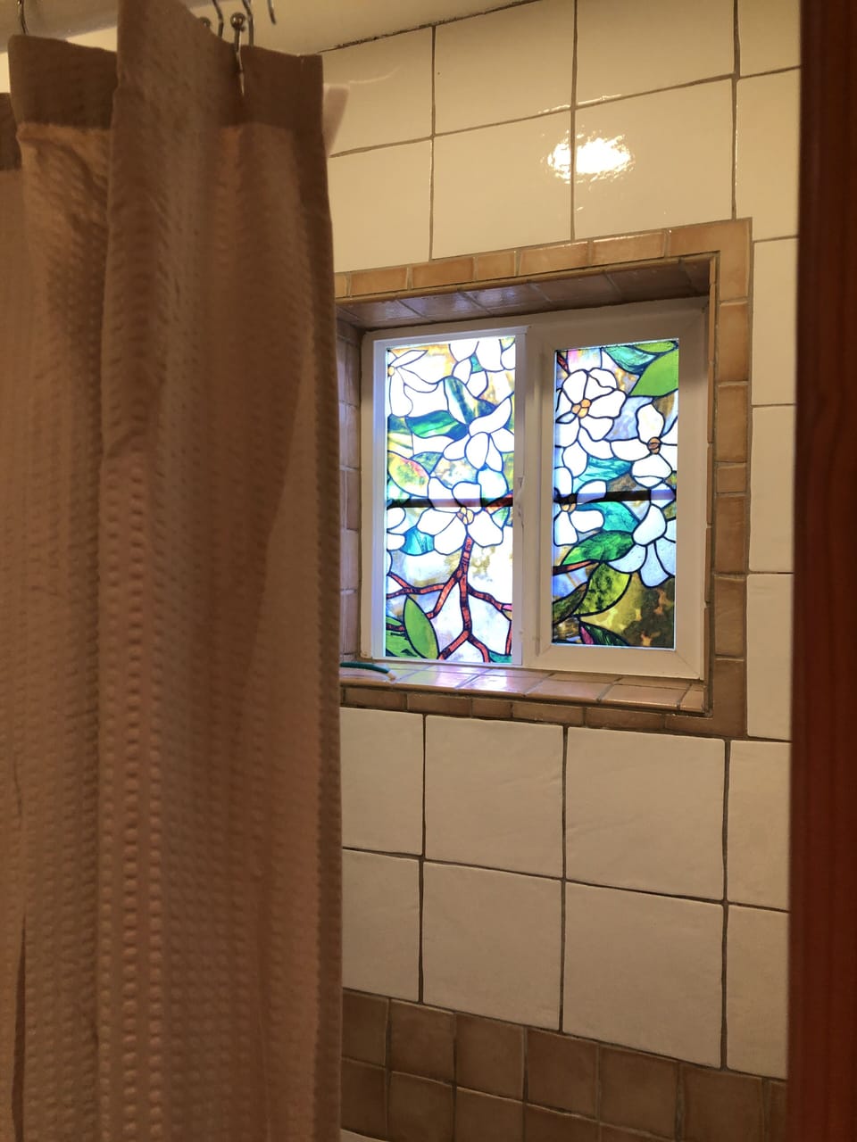Master Bedroom shower with stain glass window. 