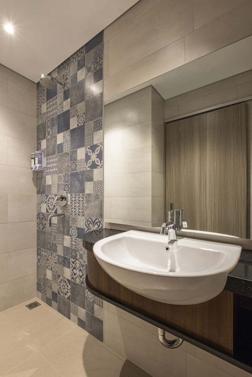 Shower, slippers, towels, soap