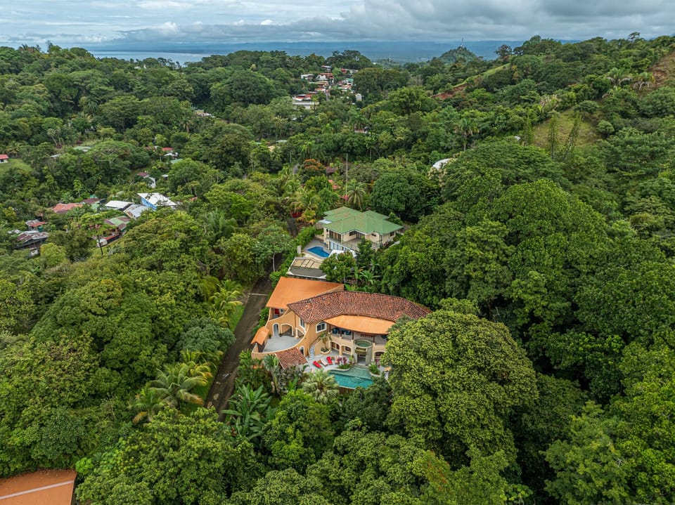 Aerial view showcasing the villa nestled in lush surroundings