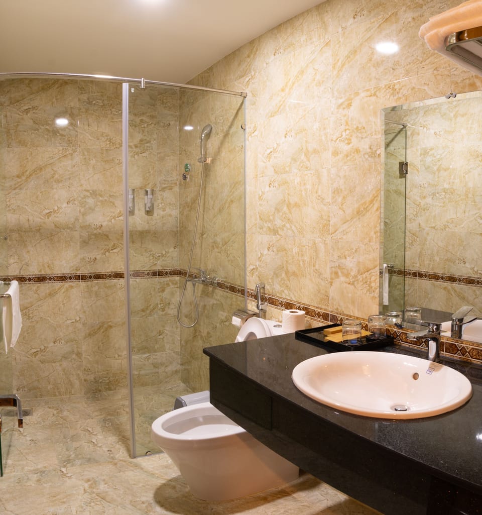 Shower, free toiletries, hair dryer, slippers