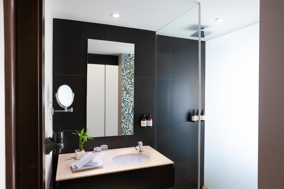 Shower, rainfall showerhead, designer toiletries, hair dryer