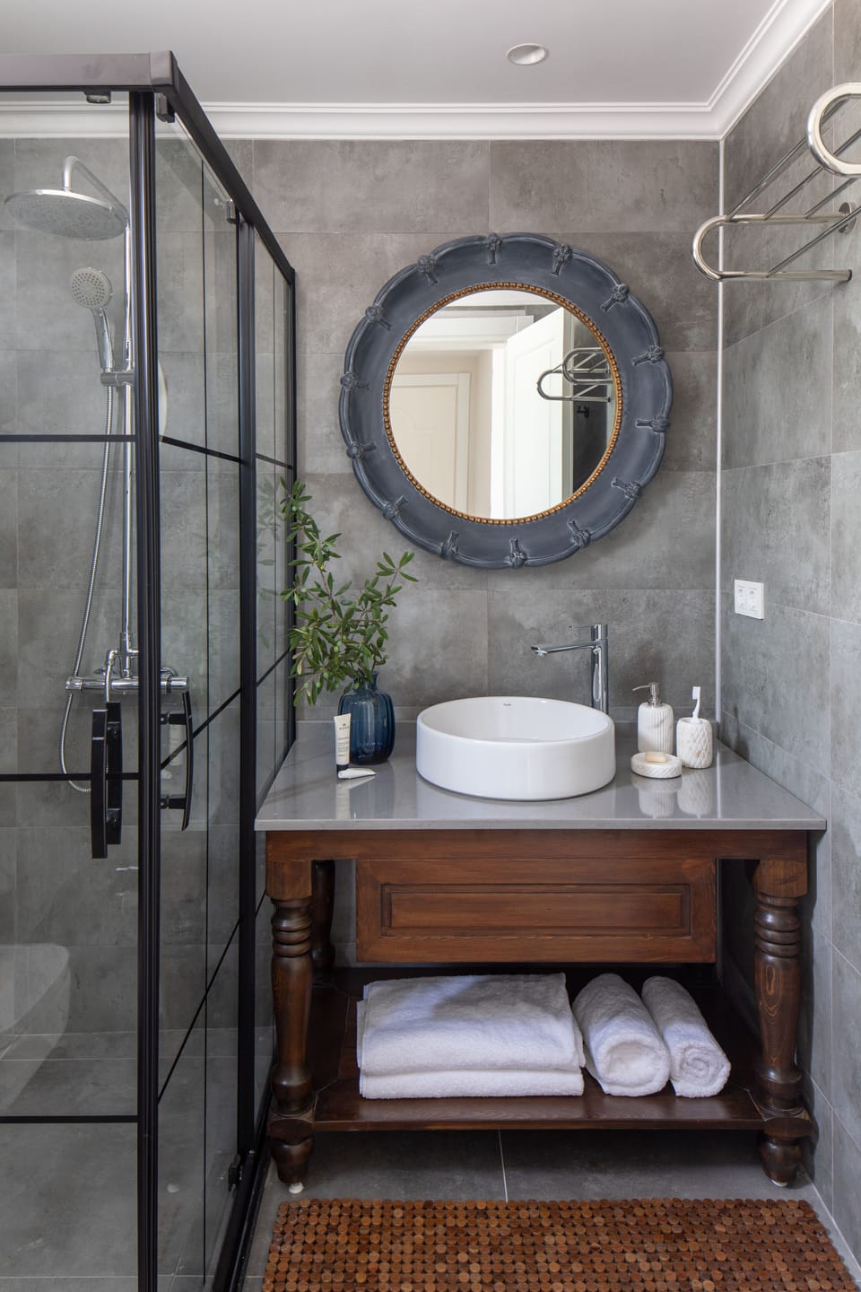 Shower, hydromassage showerhead, designer toiletries, hair dryer