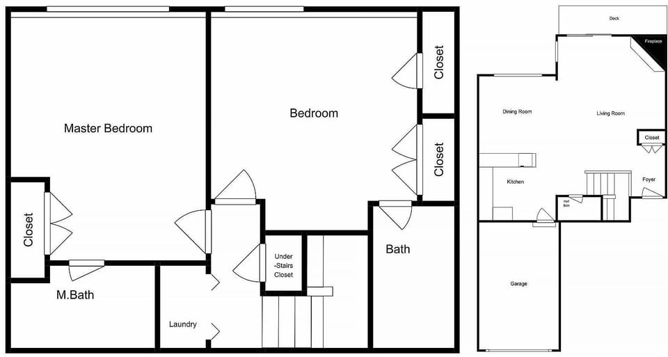 This floor plan shows your spacious mountain getaway with two bedrooms, two full baths, and an open living area perfect for relaxing.