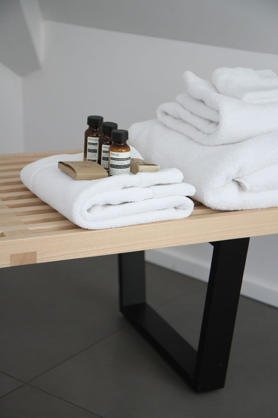 Designer toiletries, bathrobes, slippers, towels