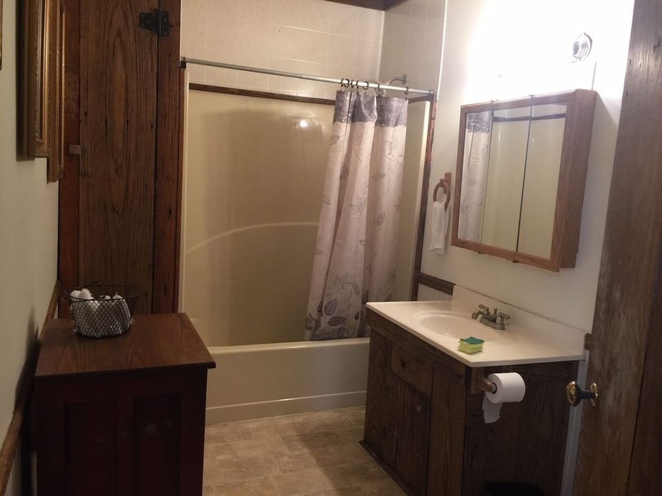 Bathroom with shower/tub combo. 