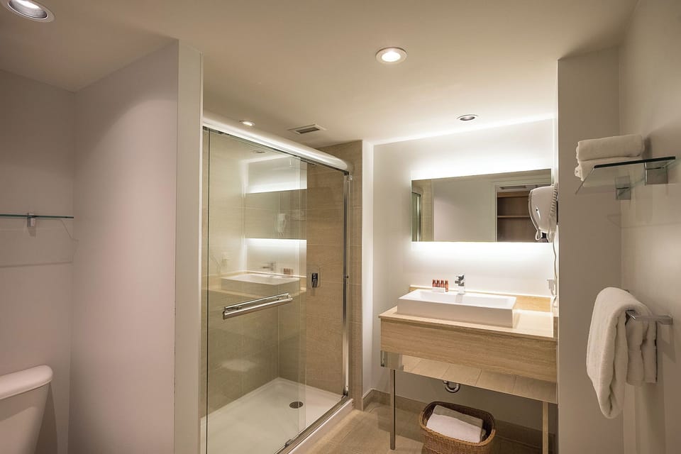 Shower, hydromassage showerhead, free toiletries, hair dryer
