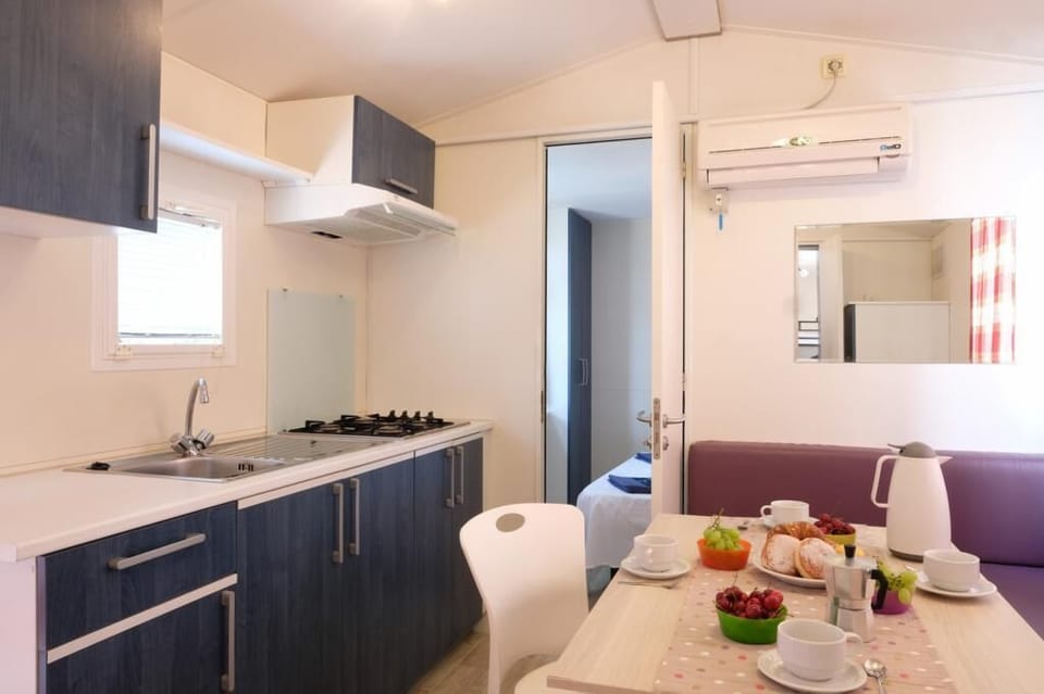 Standard Mobile Home | Private kitchenette | Full-size fridge, stovetop, cookware/dishes/utensils