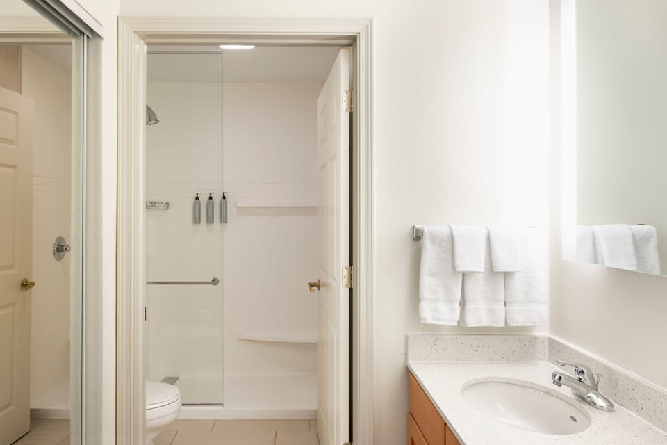 Combined shower/tub, free toiletries, hair dryer, towels