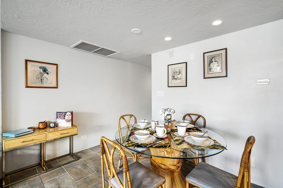 Share meals or play board games at the indoor dining table for four.
