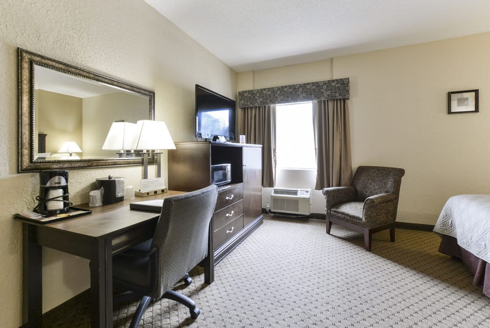 Single Queen Room | Premium bedding, desk, laptop workspace, iron/ironing board