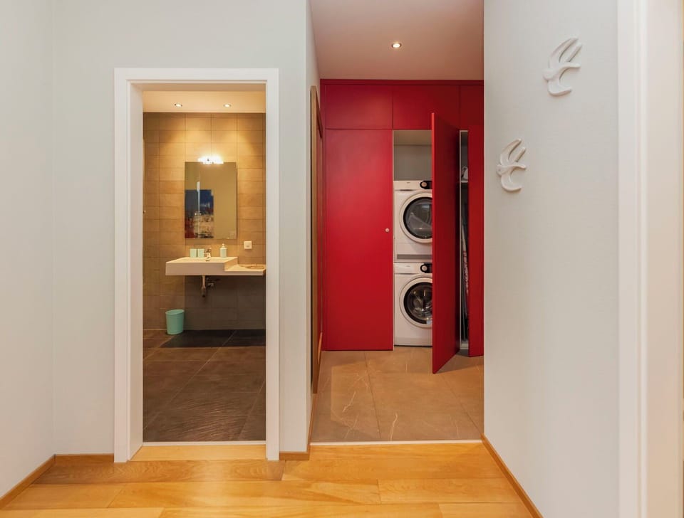 Flooring, Floor, Interior Design, Wood, Ceiling, Washing Machine, Wood Flooring, Lighting, Door, Room