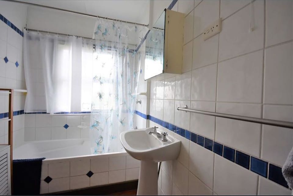 Bathroom with full bath and a toilet.  A second toilet is located under house.