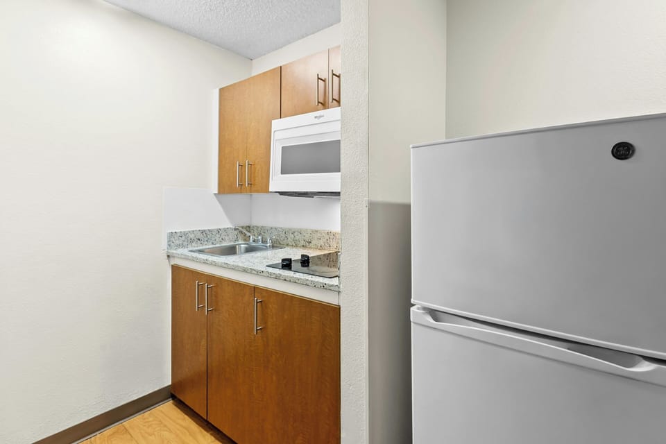 Full-size fridge, microwave, stovetop