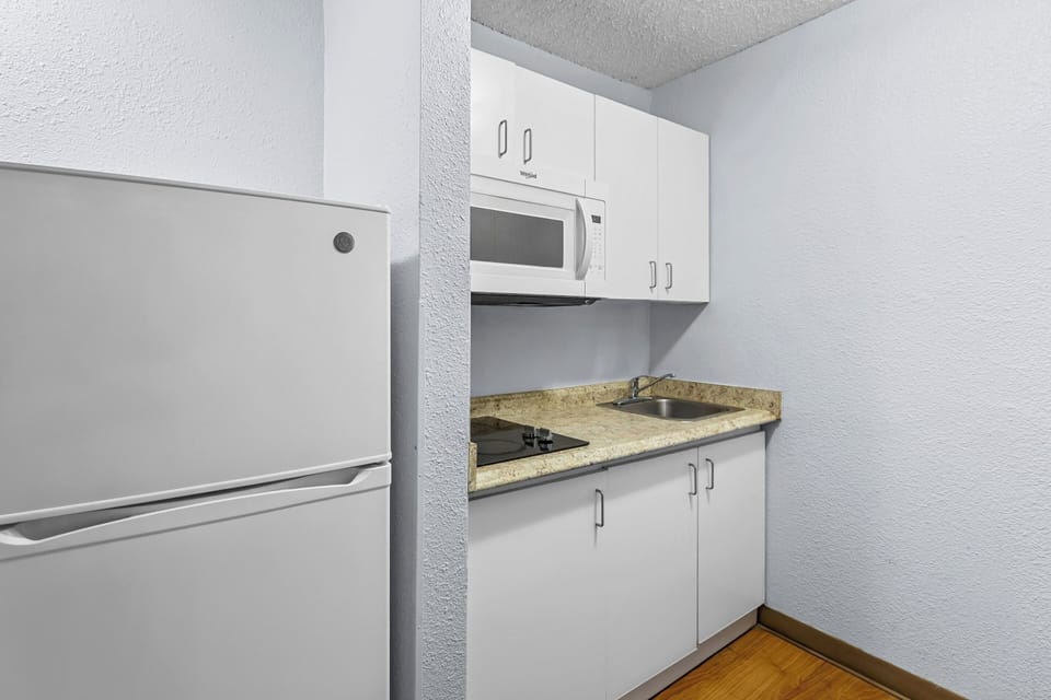 Full-size fridge, microwave, stovetop