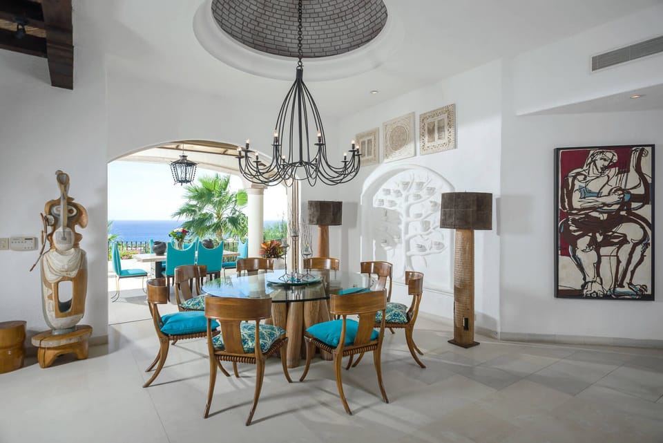 Dine under the uniquely designed chandelier with seating for up to 8 guests!