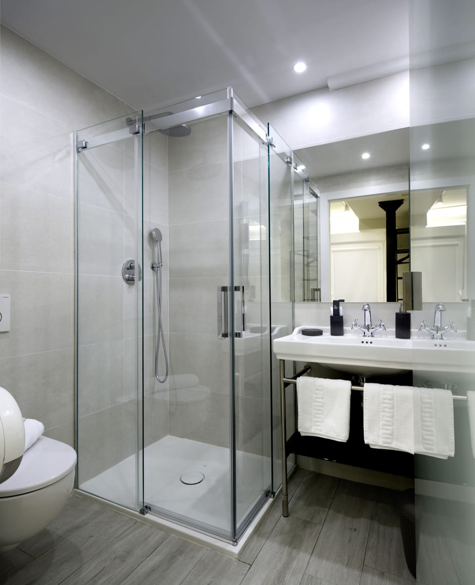 Deluxe Double Room (Gris Grafito) | Bathroom | Shower, free toiletries, hair dryer, towels