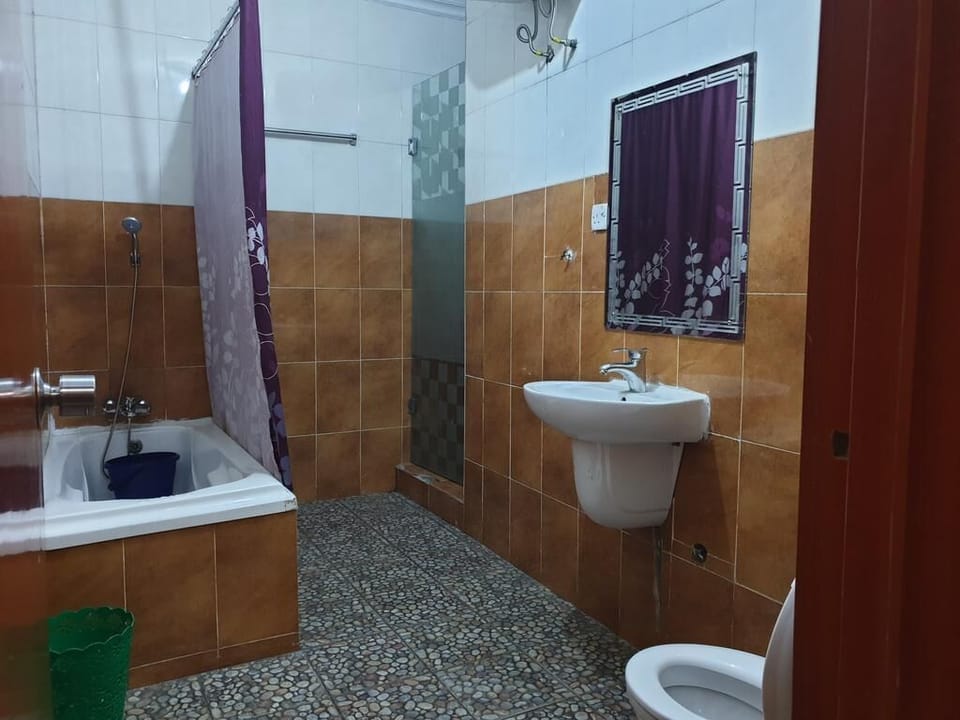Combined shower/tub, towels, soap, toilet paper