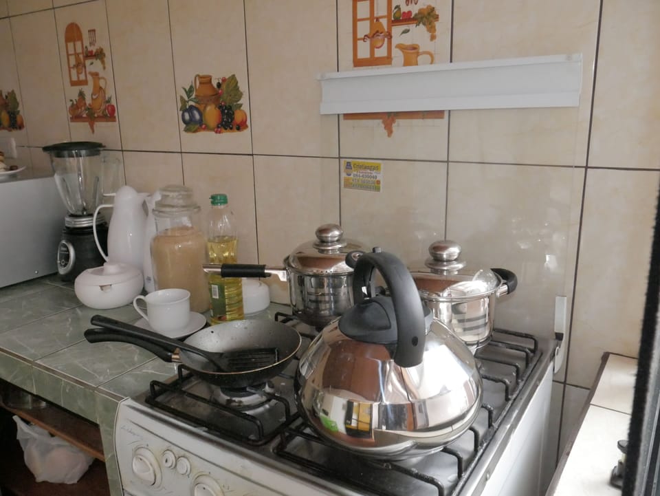 Fridge, microwave, stovetop, cookware/dishes/utensils