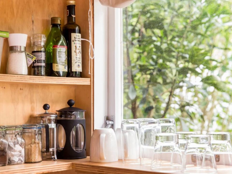 Driftwood Bungalow | Private kitchenette | Fridge, microwave, stovetop, coffee/tea maker