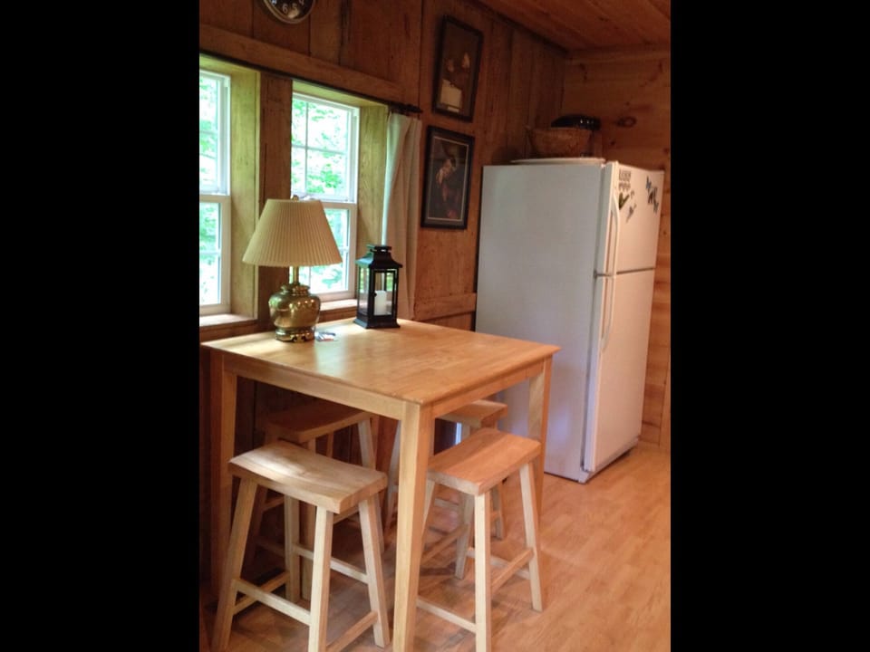 Full size fridge & table for 4. Dinner seating for 6 under covered pavilion.