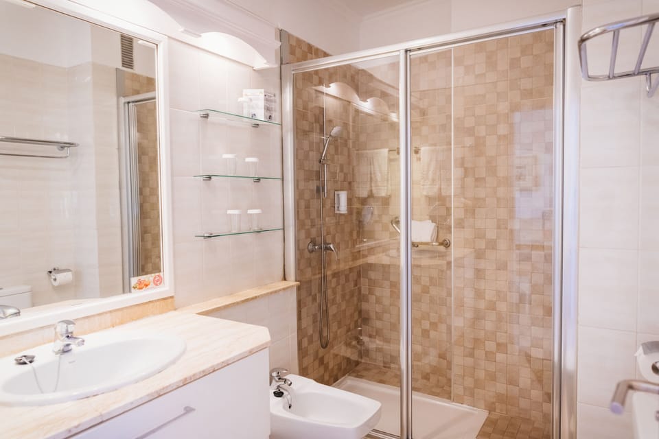 Hair dryer, towels, soap, shampoo