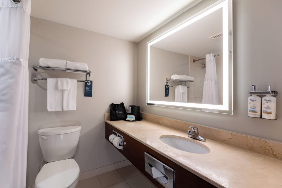 Combined shower/tub, free toiletries, hair dryer, towels