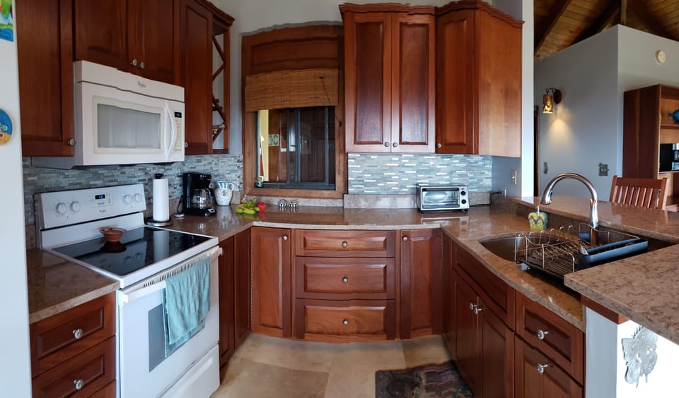 a toaster oven, blender. microwave and coffee maker are all here