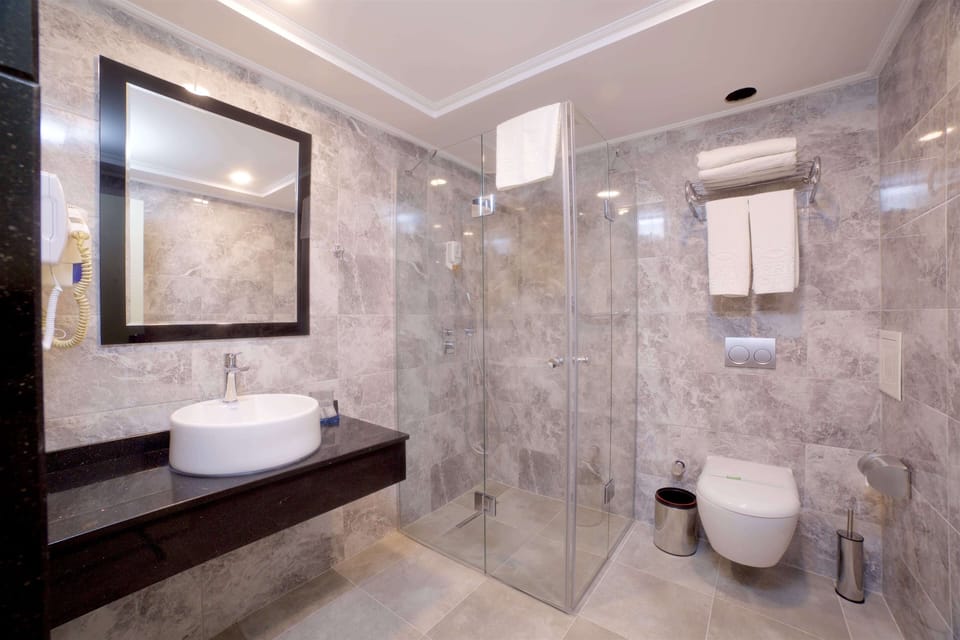 Shower, free toiletries, hair dryer, slippers