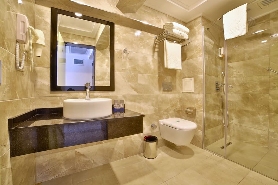 Shower, free toiletries, hair dryer, slippers