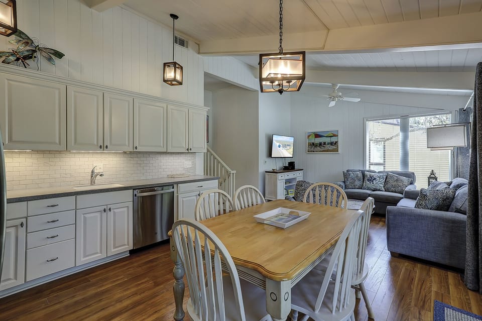Kitchen and dining lead into the living room