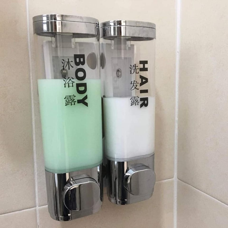 Shower, towels, soap, shampoo