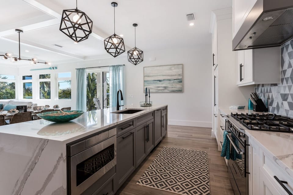 Newly renovated custom kitchen with waterfall island