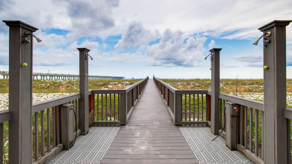 Private boardwalk with rinsing showers.
