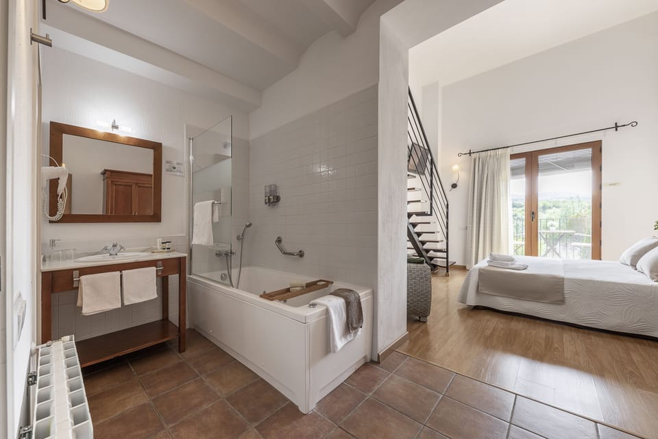 Premium bedding, memory foam beds, desk, laptop workspace