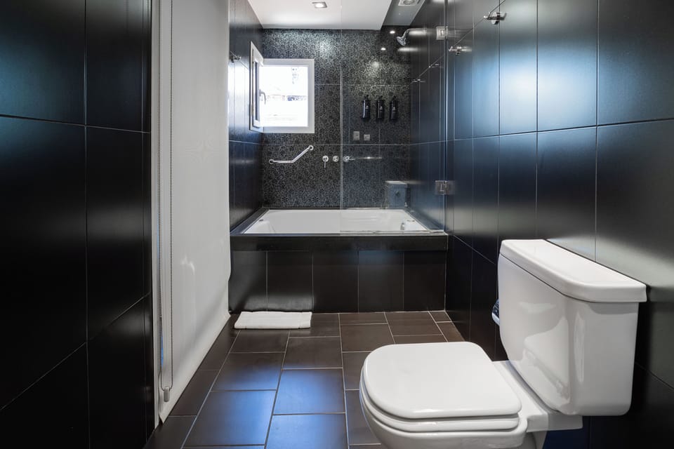 Designer toiletries, hair dryer, bidet, towels