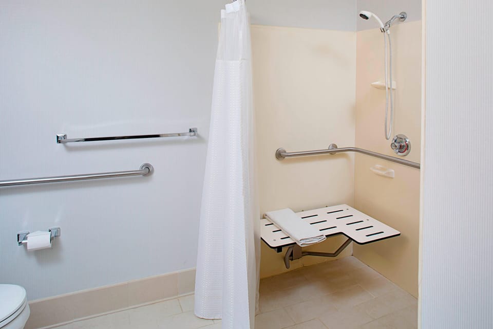 Combined shower/tub, free toiletries, hair dryer, towels