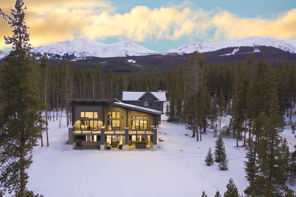 Aerial view of the chalet at sunset