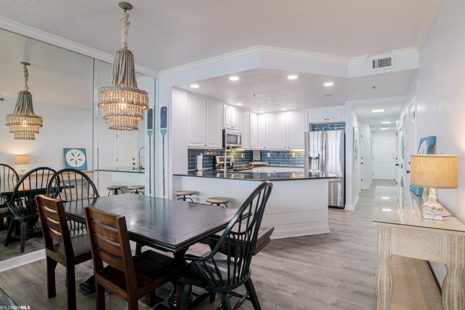 large bright dining area for six